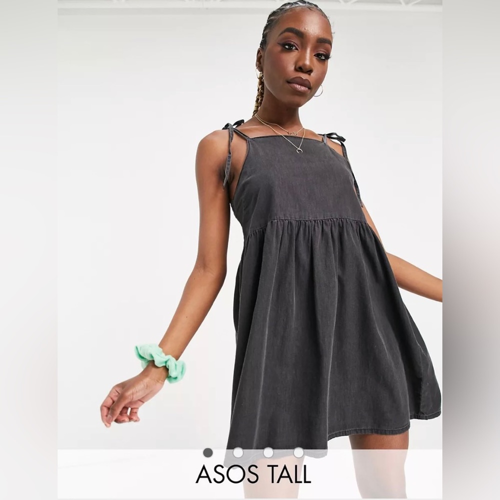 ASOS DESIGN Tall soft denim smock pinny dress in washed black